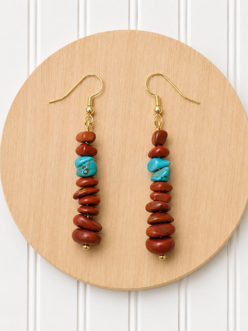 Turquoise and Red Coral Natural Gemstone Dangle Earrings